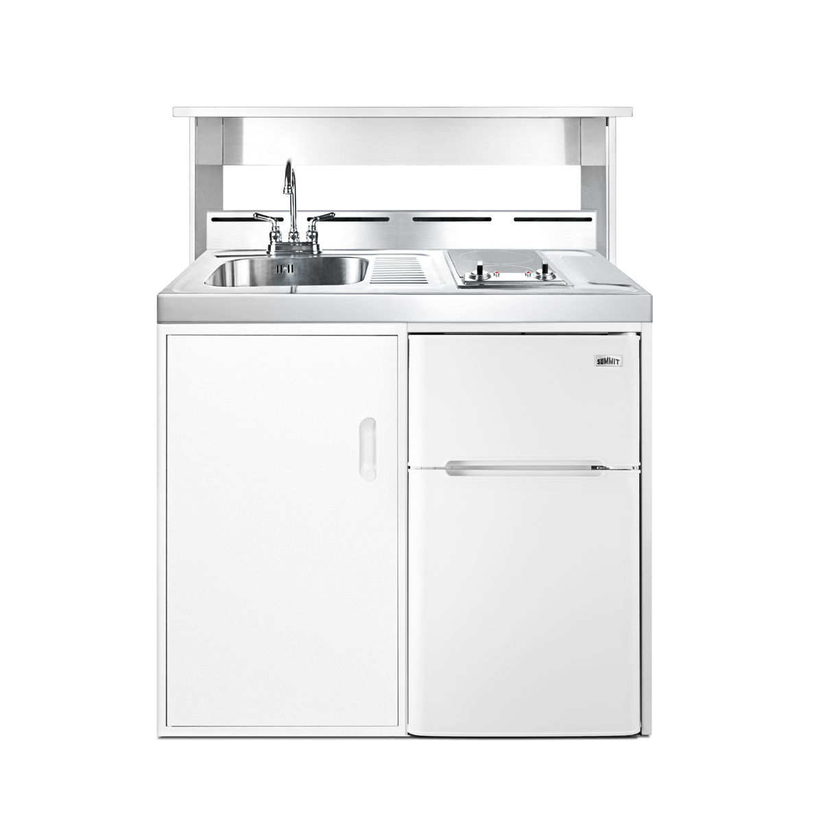 39 inch wide all-in-one kitchenette with 2-burner 115V smooth-top cooktop, refrigerator-freezer, sink, and storage cabinet